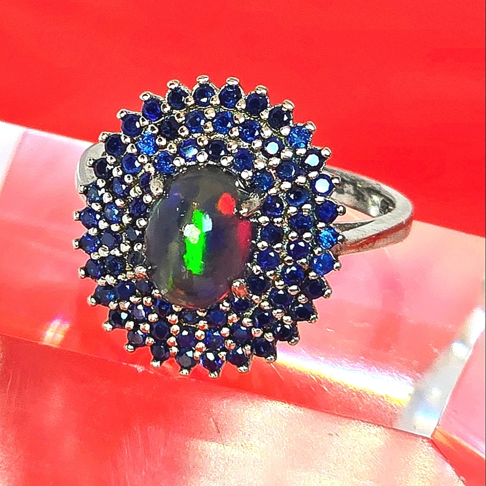 925 Sterling Silver Ring Sz 6.75 with Natural Black Opal 6x8mm and Sapphire Gems